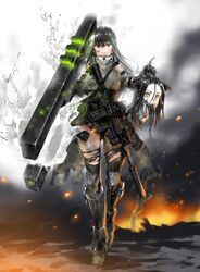  2girls android assault_rifle bad_id black_hair damaged decapitation dirty dreamer_(girls&#039;_frontline) embers fiery_background fire girls&#039;_frontline gun hand_in_own_hair head_only henshako highres holding holding_gun holding_head holding_weapon jaw_drop knee_guards m4_carbine m4a1_(girls&#039;_frontline) m4a1_(mod3)_(girls&#039;_frontline) mask mechanical_arms mechanical_parts multicolored_hair multiple_girls pale_skin particle_cannon_case rifle robot sangvis_ferri scarf single_mechanical_arm skull_mask smoke smoke_trail smoking_barrel streaked_hair suppressor teeth torn_clothes torn_legwear walking weapon wiring yellow_eyes 