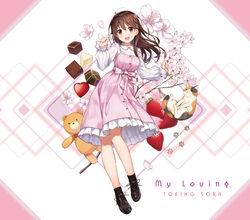  album_cover amagai_tarou ankimo_(tokino_sora) blush brown_eyes brown_footwear brown_hair character_name cherry_blossoms chocolate commentary_request cover dress feline female flower full_body hair_flaps hair_ornament hairclip heart highres hololive long_hair long_sleeves looking_at_viewer official_alternate_costume official_art open_mouth petals pink_background pink_dress shirt shoes smile star_(symbol) star_hair_ornament stuffed_animal stuffed_toy teddy_bear tokino_sora variant_set virtual_youtuber water white_shirt 