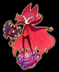  1boy 1other aura bano_akira black_background bug cloak commentary_request embers fire flying full_body grimm_(hollow_knight) grimmchild hollow_knight lantern looking_at_another looking_at_viewer open_cloak open_clothes outstretched_arm pink_fire red_cloak red_eyes signature slit_pupils standing stitches vampire widow&#039;s_peak 