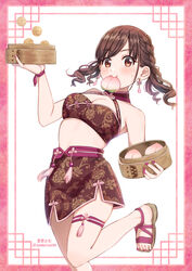  bare_shoulders bikini bikini_top_only braid breasts brown_eyes brown_hair chinese_clothes commentary_request earrings female floral_print food food_in_mouth framed halterneck highres idolmaster idolmaster_shiny_colors jewelry long_hair looking_at_viewer miniskirt nail_polish purple_nails sandals skindentation skirt solo sonoda_chiyoko soramame_tomu swimsuit thigh_strap toenail_polish toenails twintails white_background 