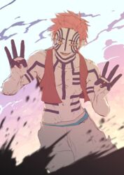  1boy abs akaza_(kimetsu_no_yaiba) bare_shoulders blue_male_underwear blue_sky body_markings cloud cloudy_sky fingernails highres japanese_clothes kimetsu_no_yaiba male_focus male_underwear pale_skin pants pink_hair pink_nails short_hair sky smile solo splatter symbol-shaped_pupils text_in_eyes underwear upper_body white_pants yamadori_seika yellow_eyes 