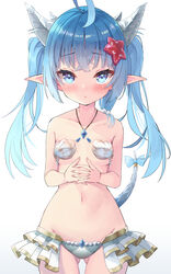  blue_hair blue_neckwear blush crystal female groin hair_ornament highres horns king&#039;s_raid lilia_(king&#039;s_raid) navel nyahu_(nyahu_77) pointy_ears red_star shell shell_bikini solo star_(symbol) swimsuit twintails 