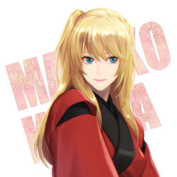  blonde_hair blue_eyes character_name closed_mouth cma_cmakuma female gintama hair_between_eyes japanese_clothes kijima_matako kimono long_hair looking_to_the_side red_kimono side_ponytail smile solo upper_body white_background 