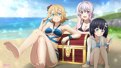  3girls :d aqua_eyes armpits barefoot beach bikini black_bikini black_hair blonde_hair blue_bikini blue_eyes blue_sky blush breasts closed_mouth cloud collarbone crossed_legs day flower food grey_hair hair_flower hair_ornament halterneck highres holding holding_food ice_cream jacket large_breasts lens_flare long_hair looking_at_viewer medium_breasts mole mole_on_breast mole_under_eye multiple_girls mysteryctu ocean open_clothes open_jacket open_mouth outdoors philia_(sao) popsicle premiere_(sao) red_eyes red_flower see-through short_hair sky smile sparkle strea_(sao) swimsuit sword_art_online underboob 