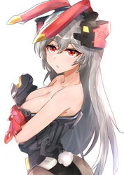  absurdres animal_ears armor armored_leotard bare_back bare_shoulders black_pantyhose breasts charolic_(girls&#039;_frontline_2) cleavage closed_mouth collarbone crossed_arms fake_animal_ears feet_out_of_frame female from_side girls&#039;_frontline girls&#039;_frontline_2:_exilium grey_hair hair_ornament highres long_hair looking_at_viewer mechanical_ears medium_breasts muteppona_hito pantyhose rabbit_ears rabbit_tail red_eyes sideboob solo standing tail white_background 