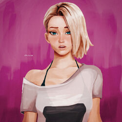  1girls asymmetrical_hair baggy_clothing big_breasts bikini bikini_bottom bikini_top blonde_female blonde_hair blue_eyes blush bra breasts cleavage digital_drawing_(artwork) digital_media_(artwork) female female_only gwen_stacy gwen_stacy_(spider-verse) human human_only light-skinned_female light_skin marvel self_upload shaved_side short_hair simple_background solo solo_female spider-gwen spider-man:_into_the_spider-verse spider-man_(series) standing tomboy transparent_clothing tshirt underwear wet wet_clothes wet_skin zil_a_cien 