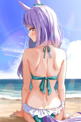  absurdres animal_ears beach bikini blue_sky cloud day female from_behind highres horse_ears horse_girl horse_tail kakikakilemon long_hair looking_at_viewer looking_back mejiro_mcqueen_(ripple_fairlady)_(umamusume) mejiro_mcqueen_(umamusume) ocean official_alternate_costume outdoors purple_eyes purple_hair sand sitting sky solo swimsuit tail umamusume 