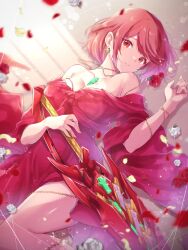  breasts chest_jewel cleavage dress earrings falling_petals female highres jewelry large_breasts looking_at_viewer lying on_back orange_eyes petals pyra_(xenoblade) red_dress red_hair rose_petals short_hair smile solo swept_bangs tiara ui_frara xenoblade_chronicles_(series) xenoblade_chronicles_2 