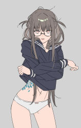  absurdres black_sailor_collar black_shirt brown_hair clothes_lift commentary cowboy_shot female glasses grey_background highres kitou_saji long_hair long_sleeves looking_at_viewer navel no_pants original panties pink_eyes sailor_collar semi-rimless_eyewear shirt shirt_lift simple_background solo stomach_tattoo symbol-only_commentary tattoo thighs tongue tongue_out two_side_up underwear white_panties 