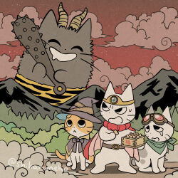  amayakasuneko ambiguous_gender asian_mythology clothed clothed_feral clothing cloud crossover demon domestic_cat dragon_quest east_asian_mythology felid feline felis feral group hi_res horn japanese_mythology mammal mojacookie mythology nagameruneko official_art oni shikaruneko shikaruneko_(series) square_enix whiskers yokai 