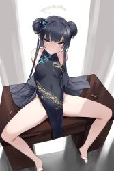  bare_legs barefoot black_dress black_gloves black_hair blue_archive blush breasts butterfly_hair_ornament china_dress chinese_clothes coat commentary_request double_bun dragon_print dress female gloves grey_coat grey_eyes grey_halo hair_bun hair_ornament halo highres kisaki_(blue_archive) long_hair looking_at_viewer on_table pelvic_curtain pinstripe_jacket pinstripe_pattern print_dress shell_casing sitting sleeveless sleeveless_dress small_breasts solo spread_legs striped_coat table twintails zen_juraku 