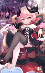  1boy absurdres black_dress black_thighhighs blush breasts butler center_opening cleavage crossed_legs demon demon_girl demon_horns demon_tail demon_wings detached_sleeves dress earrings elbow_gloves female gloves heterochromia highres horns jewelry kuroida looking_at_viewer original pink_hair red_eyes revealing_clothes shirt short_hair single_glove sitting skull small_breasts smile solo_focus tail thighhighs white_gloves white_shirt wings yellow_eyes 