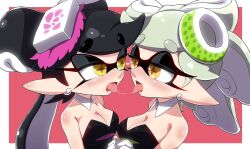  2girls after_kiss black_hair blush callie_(splatoon) cephalopod_eyes cousins earrings food food_on_head incest inkling jewelry looking_at_another marie_(splatoon) multiple_girls object_on_head pointy_ears red_background simple_background splatoon_(series) splatoon_1 squid suction_cups tentacle_hair usa_(dai9c_carnival) white_background white_hair yellow_eyes yuri 