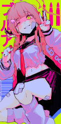  10_4_(10f0ur) absurdres alternate_costume aru_(blue_archive) bandaid bandaid_on_cheek bandaid_on_face barcode black_sailor_collar black_skirt blue_archive blush breasts character_name copyright_name crop_top english_commentary female gauze gauze_on_knee hair_ornament halo highres horns jacket leg_warmers long_hair long_sleeves looking_at_viewer nail_polish navel open_clothes open_jacket pink_hair pleated_skirt red_nails sailor_collar school_uniform serafuku simple_background skirt solo torn_clothes v yellow_eyes 