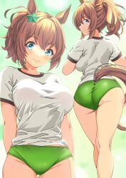  alternate_costume ass blue_eyes breasts brown_hair buruma commentary_request female from_behind green_buruma gym_uniform hair_ornament highres horse_girl horse_tail kaicho_(kaicho_p) large_breasts looking_back multiple_views puffy_short_sleeves puffy_sleeves shirt short_sleeves smile star_(symbol) star_hair_ornament taiki_shuttle_(umamusume) tail tail_through_clothes umamusume white_shirt 