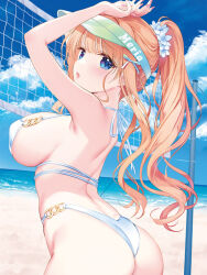  arched_back arms_up ass back beach bikini blue_eyes blue_sky blush bow breasts cloud cloudy_sky cowboy_shot day facing_to_the_side female from_behind green_visor highleg highleg_bikini kimishima_ao large_breasts long_hair looking_at_viewer looking_back open_mouth orange_hair original outdoors ponytail raised_eyebrows sand sidelocks sky solo standing swimsuit visor_cap volleyball_net water white_bikini white_bow 