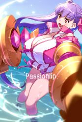  bare_shoulders beach blue_sky blush breasts claw_(weapon) cleavage clothing_cutout echo_(circa) fate/grand_order fate_(series) female hair_ribbon huge_breasts jacket long_hair long_sleeves ocean open_mouth passionlip_(fate) pink_eyes pink_jacket pink_ribbon purple_hair ribbon shoulder_cutout sky solo thighs very_long_hair weapon 