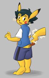  2021 4_fingers after_transformation anthro barefoot black_hair clothed clothing digital_drawing_(artwork) digital_media_(artwork) electricity feet fingers generation_1_pokemon grey_background hair male mammal mr-haitch nintendo open_mouth pikachu pokemon pokemon_(species) satoshi_(pokemon) simple_background solo tail yellow_body 