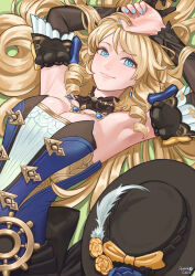  absurdres afureru_colors armpits arms_up artist_name bare_shoulders black_choker black_gloves black_hat blonde_hair blue_dress blue_eyes blue_nails breasts choker cleavage commentary detached_sleeves dress drill_hair drill_sidelocks english_commentary female fingernails genshin_impact gloves hat highres jewelry long_hair long_sleeves looking_at_viewer medium_breasts nail_polish navia_(genshin_impact) necklace revision ship&#039;s_wheel_ornament sidelocks single_glove smile solo star_(symbol) star_in_eye strapless strapless_dress symbol_in_eye unworn_hat unworn_headwear upper_body very_long_hair 