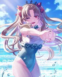  absurdres bare_shoulders beach blonde_hair blue_sky blush bow breasts ereshkigal_(fate) fate/grand_order fate_(series) female grey_one-piece_swimsuit gyoza_(pi512126) hairband hairbow highres long_hair looking_at_viewer medium_breasts o-ring one-piece_swimsuit one_eye_closed open_mouth parted_bangs red_eyes sky smile solo space_ereshkigal_(fate) space_ereshkigal_(first_ascension)_(fate) swimsuit thighs two-tone_swimsuit two_side_up white_one-piece_swimsuit 