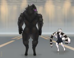  2024 android antennae_(anatomy) anthro arctic_fox artist_name ass back_muscles black_body black_butt black_fur black_nose black_pawpads black_sclera blue_eyes bottomwear canid canine canis cheek_tuft claws clothed clothing colored dated detailed_background duo english_text facial_markings facial_tuft fluffy fluffy_tail fox fur hair head_markings hi_res holding_object inner_ear_fluff larger_male light lighting long_hair looking_at_another machine male mammal markings mda-w1 muscular muscular_arms muscular_male muscular_thighs neck_tuft nude one_leg_on_ground pawpads paws purple_eyes rear_view robot shaded shirt shorts size_difference smaller_male standing tail tank_top teeth text topwear true_fox tuft walking white_body white_claws white_fur white_sclera white_tail wolf wolfarion 