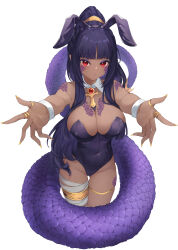  :t absurdres animal_ears bandage_on_thigh blunt_bangs breasts cleavage covered_navel detached_collar fake_animal_ears female high_ponytail highres large_breasts long_hair naya_onuphyrus outstretched_arms playboy_bunny purple_hair rabbit_ears saino_entertainment scales shironagase simple_background snake_girl snake_tail solo tail thigh_gap very_long_hair virtual_youtuber white_background wrist_cuffs yellow_nails 