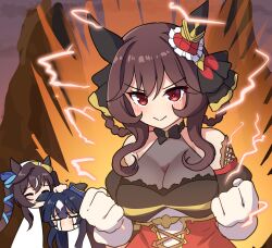  3girls :&gt; animal_ears bare_shoulders beret black_bow black_sleeves blue_hair blue_ribbon bow braid breasts brown_hair cleavage clenched_hands closed_eyes closed_mouth commentary_request crying detached_sleeves dress gentildonna_(umamusume) gloves hair_between_eyes hair_ribbon hair_rings hairbow hat headpat highres horse_ears large_breasts long_hair multicolored_hair multiple_girls puffy_short_sleeves puffy_sleeves red_eyes ribbon see-through see-through_cleavage short_sleeves smile streaked_hair streaming_tears takiki tears twin_braids twintails umamusume v-shaped_eyebrows verxina_(umamusume) very_long_hair vivlos_(umamusume) white_gloves white_hair white_hat 