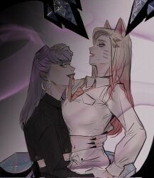  2girls ahri_(league_of_legends) animal_ears aqua_eyes biting_another&#039;s_clothes black_eyeshadow black_pants black_shirt blonde_hair blush collared_shirt colored_smoke cone_hair_bun crop_top crystal crystal_tail dark_background demon demon_girl earrings evelynn_(league_of_legends) eyeshadow face-to-face facial_mark fingernails fox_ears fox_girl fox_tail from_side glowing glowing_eyes grabbing_another&#039;s_ass groping hair_bun hair_ornament hairclip hand_on_another&#039;s_head hand_on_another&#039;s_waist highres hoop_earrings jewelry k/da_(league_of_legends) k/da_all_out_ahri k/da_all_out_evelynn lashers league_of_legends long_fingernails long_hair long_sleeves looking_at_another makeup multiple_girls nail_polish navel necktie oerba_yun_fang orange_necktie pants parted_lips pink_eyeshadow pointed_bangs puffy_long_sleeves puffy_sleeves red_lips sharp_fingernails shirt silver_earrings sitting skirt slit_pupils smoke striped_clothes striped_pants striped_shirt sweatdrop tail teasing the_baddest_ahri the_baddest_evelynn vertical-striped_clothes vertical-striped_pants vertical-striped_shirt whisker_markings white_hair white_nails white_shirt white_skirt yellow_eyes yhnb_19_(twitter) yuri 