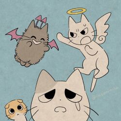  amayakasuneko ambiguous_gender angel angel_and_devil blue_background demon domestic_cat felid feline felis feral group halo mammal mojacookie nagameruneko official_art shikaruneko shikaruneko_(series) simple_background whiskers 