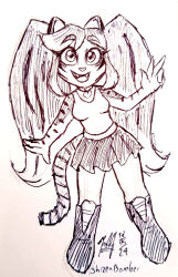  absurd_res anthro boots bottomwear clothing eye_markings eyelashes fangs felid feline female footwear fur graphite_(artwork) greeting_viewer guide_lines heart_ornament hi_res leggings legwear leopardus looking_at_viewer mammal markings monochrome ocelot pen_(artwork) pencil_(artwork) sailor_bomber shirt shizen_(sailorbomber) shoes sidelocks simple_background skirt smile solo spots spotted_body striped_body striped_fur striped_markings striped_tail stripes tail tail_markings tank_top teeth topwear traditional_media_(artwork) twintails_(hairstyle) white_background 