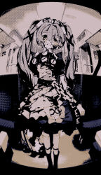  10_4_(10f0ur) blood blood_on_clothes blood_on_face blush corin_wickes dress english_commentary female frills hair_between_eyes hair_ornament hair_ribbon highres indoors long_hair looking_at_viewer maid maid_headdress monochrome ribbon short_sleeves solo standing sweat train_interior twintails very_long_hair zenless_zone_zero 