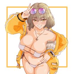  absurdres anis_(nikke) anis_(sparkling_summer)_(nikke) bikini breasts brown_hair cowboy_shot eyewear_on_head female goddess_of_victory:_nikke hal_san highres huge_breasts jacket jewelry necklace open_clothes open_jacket short_hair simple_background smile sunglasses swimsuit v white_bikini yellow_eyes yellow_jacket 