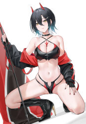  absurdres ankle_boots azur_lane black_footwear black_hair blush boots closed_mouth crop_top crotch_zipper female flag hair_between_eyes halterneck high_heel_boots high_heels highres holding holding_flag horns latex latex_bra latex_panties looking_at_viewer navel_piercing official_alternate_costume on_one_knee panties piercing qing_wu race_flag race_queen red_horns short_hair simple_background smile solo ulrich_von_hutten_(azur_lane) ulrich_von_hutten_(ignition_matrician)_(azur_lane) underwear white_background yellow_eyes zipper 