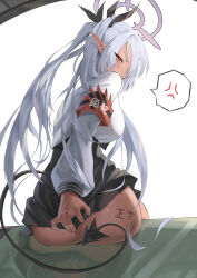  absurdres anger_vein ass black_skirt blue_archive blush breasts dark-skinned_female dark_skin demon_girl demon_tail female half-closed_eyes halo highres iori_(blue_archive) long_hair luya_(luyachan) medium_breasts messy_hair no_panties orange_eyes red_eyes shirt sitting skirt solo spoken_anger_vein tail tally twintails upskirt very_long_hair white_hair white_shirt 