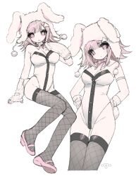  animal_ears breasts brown_thighhighs cleavage danganronpa_(series) danganronpa_2:_goodbye_despair female fishnet_thighhighs fishnets hair_ornament jacket large_breasts leotard medium_hair multiple_views nanami_chiaki playboy_bunny rabbit_ears shoes spaceship_hair_ornament strapless strapless_leotard thighhighs u_emper 