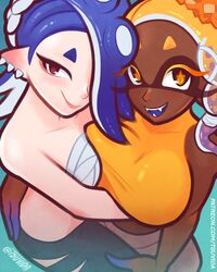  2girls big_breasts blue_hair blush breast_size_difference clothed_female dark-skinned_female dark_skin deep_cut_(splatoon) frye_(splatoon) hair_ornament hug hugging inkling inkling_girl light-skinned_female light_skin looking_at_viewer looking_up octoling octoling_girl open_mouth pressed_against pressed_together pressing_breasts_together shiver_(splatoon) small_breasts smile smiling splatoon splatoon_(series) splatoon_3 tentacle_hair tsuvida yellow_hair 