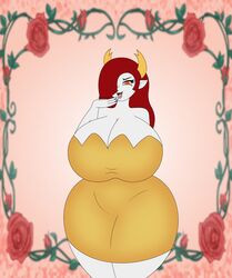  ale ara_ara big_breasts breasts clothed clothing curvaceous curvy_figure disney disney_xd dress fangs fem foxtide888 grey_body hair hekapoo horn huge_breasts humanoid looking_at_viewer open_mouth red_hair solo star_vs_the_forces_of_evil teeth thick_thighs voluptuous white_body wide_hips 