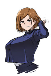  alternate_breast_size arm_up breasts brown_eyes brown_hair clenched_teeth crop_top crop_top_overhang cropped_torso female grin henriiku_(ahemaru) jujutsu_kaisen jujutsu_tech_uniform kugisaki_nobara large_breasts looking_at_viewer school_uniform short_hair simple_background smile solo swept_bangs teeth upper_body white_background 