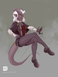  2019 alternative_fashion bottomwear breasts capelet clothed clothing crossed_legs dragonfu female footwear full-length_portrait fully_clothed grey_background hair hand_on_hip hi_res holding_melee_weapon holding_object holding_sword holding_weapon horn hotpants humanoid humanoid_pointy_ears hybrid j-fashion looking_at_viewer melee_weapon minishorts not_furry ouji_(fashion) portrait pupils purple_body purple_skin rapier scales scalie shoes shorts simple_background slit_pupils small_waist solo sword tail tiefling topwear vest vigil_nightwarden weapon white_hair yellow_body yellow_eyes yellow_scales 