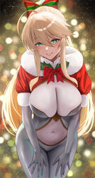  ahoge artoria_pendragon_(fate) artoria_pendragon_(lancer)_(fate) blonde_hair blush braid breasts fate/grand_order fate_(series) female french_braid green_eyes grin hair_between_eyes highres large_breasts long_hair looking_at_viewer navel ponytail sidelocks smile solo thighs yamaneko_(tkdrumsco) 