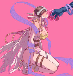  2girls angel_and_devil angewomon asymmetrical_clothes bare_shoulders blush breasts claws clothing_cutout covered_eyes digimon digimon_(creature) full_body futa_yuri_ryona hand_on_another&#039;s_chin head_wings helmet highres kneeling ladydevimon large_breasts leg_belt long_hair looking_up multiple_girls o-ring parted_lips pubic_tattoo ribbon solo_focus stomach_cutout tattoo wings yuri 