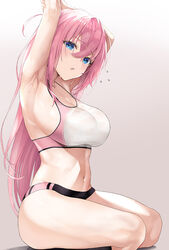  armpits arms_up black_buruma blue_eyes blush bocchi_the_rock! breasts brown_background buruma cleavage collarbone commentary_request female flying_sweatdrops gotoh_hitori gradient_background hair_between_eyes highres inuzumi_masaki large_breasts legs long_hair looking_at_viewer midriff navel open_mouth pink_buruma pink_hair pink_sports_bra sitting solo sports_bikini sports_bra stomach sweat sweaty_armpits thighs two-tone_buruma two-tone_sports_bra white_sports_bra 