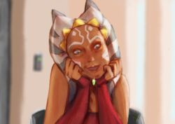  ahsoka_tano alien alien_humanoid armwear blue_eyes chair clothing crystal facial_tattoo female furniture head_on_hands headgear hovering humanoid lekku_(anatomy) nahadon sitting smile solo star_wars tattoo togruta 