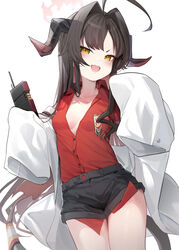  absurdres ahoge black_hair black_horns black_shorts black_tail blue_archive coat coat_partially_removed collared_shirt demon_horns demon_tail doyagao female hair_intakes halo highres horns kasumi_(blue_archive) lab_coat long_hair long_sleeves open_mouth oversized_clothes red_halo red_shirt shirt shirt_tucked_in shorts simple_background sleeves_past_fingers sleeves_past_wrists smile smug solo somray tail walkie-talkie white_coat yellow_eyes 