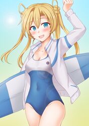  abukuma_(kancolle) anti_(untea9) blonde_hair blue_eyes blue_one-piece_swimsuit blush breasts cleavage competition_swimsuit female gradient_background hair_between_eyes hair_bun hair_rings high_school_fleet highres holding holding_surfboard jacket kantai_collection long_hair long_sleeves looking_at_viewer multicolored_clothes multicolored_swimsuit one-piece_swimsuit open_mouth small_breasts smile solo surfboard swimsuit twintails two-tone_swimsuit white_jacket white_one-piece_swimsuit yellow_background yokosuka_girls_marine_high_school_swimsuit 