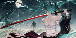  1boy aqua_hair aqua_nails armor back bare_shoulders breasts chest_sarashi crossover dark_souls_(series) dark_souls_iii earrings female fire full_moon hatsune_miku highres holding holding_sword holding_weapon japanese_clothes jewelry katana long_hair md5_mismatch moon outdoors qys3 sarashi sekiro:_shadows_die_twice soul_of_cinder sword twintails vocaloid weapon wheat_field 