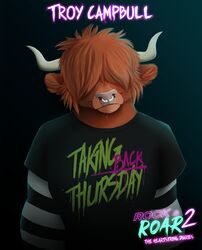  absurd_res alternative_fashion anthro bovid bovine brown_body brown_fur cattle clothed clothing emo english_text facial_piercing fur hi_res highland_cattle horn male mammal nose_piercing piercing rock_and_roar rockandroar shirt solo taking_back_sunday text text_on_clothing text_on_shirt text_on_topwear topwear troy_campbull 