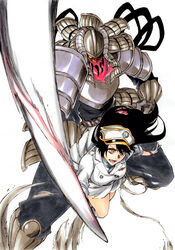  armor bambietta_basterbine bankai black_hair bleach bleach:_sennen_kessen-hen commentary female floating_hair gloves hat highres incoming_attack japanese_armor ken&#039;ichi_(ken1ro_u) kokujou_tengen_myouou_(bankai) kubo_tite_(style) long_hair looking_at_viewer military_hat official_style open_mouth orange_eyes shirt simple_background skirt solo v-shaped_eyebrows wandenreich white_background white_gloves white_hat white_shirt white_skirt 