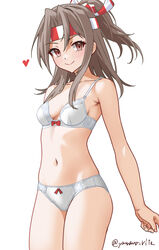  bra breasts brown_hair cowboy_shot female headband high_ponytail highres kantai_collection medium_hair navel one-hour_drawing_challenge panties red_eyes simple_background small_breasts smile solo standing striped_headband underwear underwear_only white_background white_bra white_panties yamano_rita zuihou_(kancolle) 