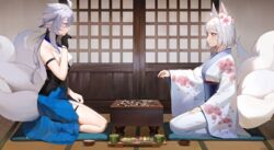  2girls absurdres animal_ears asymmetrical_skirt azur_lane bare_shoulders black_gloves blue_eyes blue_sash blue_skirt board_game cup cushion english_commentary floral_print_kimono flower fox_ears fox_girl from_side gloves go_(board_game) grey_hair hair_between_eyes hair_flower hair_ornament highres indoors japanese_clothes kaga_(azur_lane) kaga_(gentle_blossom&#039;s_sigh)_(azur_lane) kimono kitsune kyuubi large_tail long_sleeves multiple_girls multiple_tails official_alternate_costume pink_flower sash seiza short_hair short_hair_with_long_locks siblings sisters sitting skirt tail tarry tea teacup thigh_strap tosa_(azur_lane) white_hair white_kimono white_tail wide_sleeves zabuton 